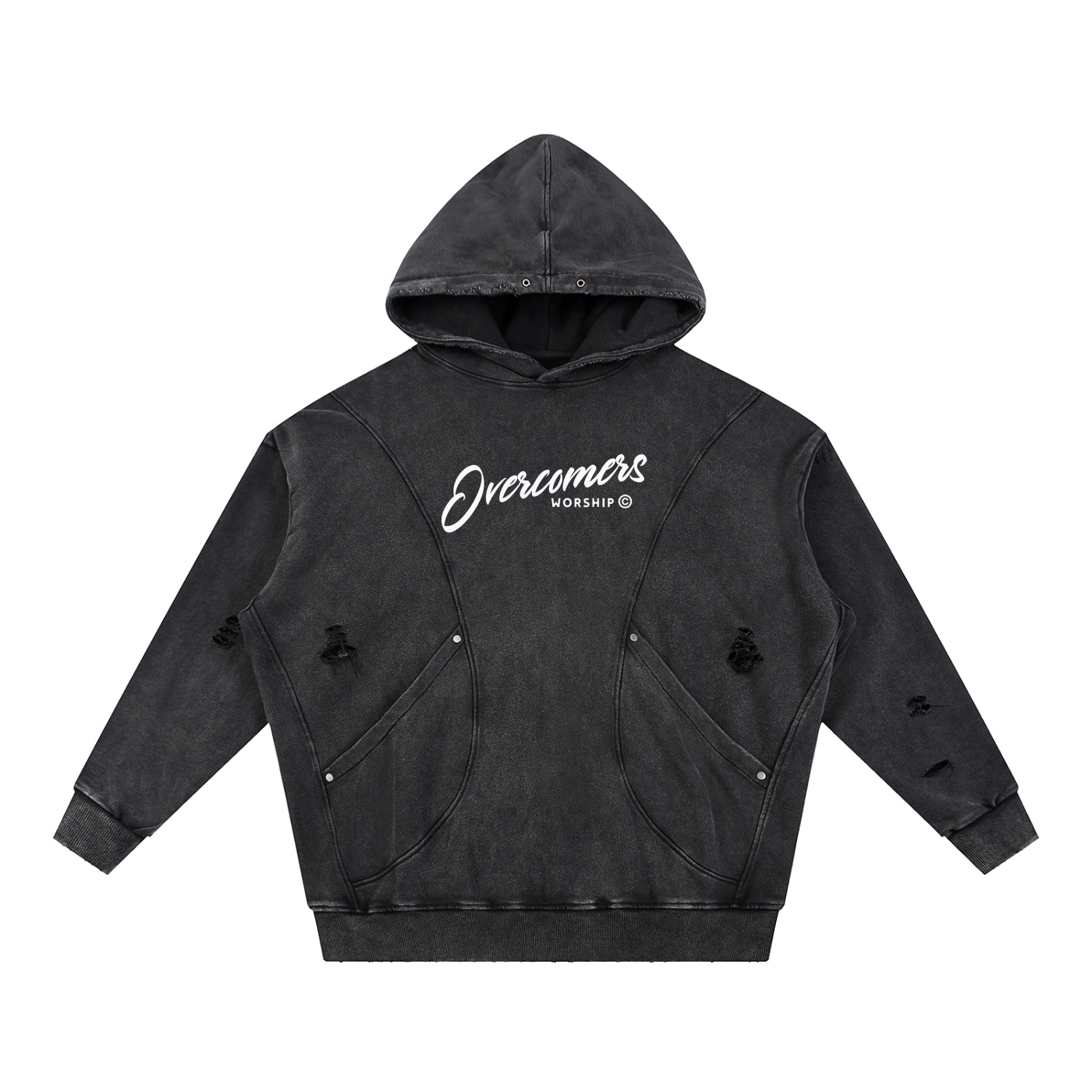 Overcomers Worship — Snow Washed Distressed Panel Hoodie