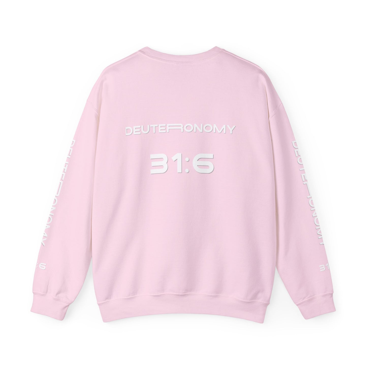 Crewneck Sweatshirt — NVR ForSaken | Deuteronomy 31:6 Faith Graphic