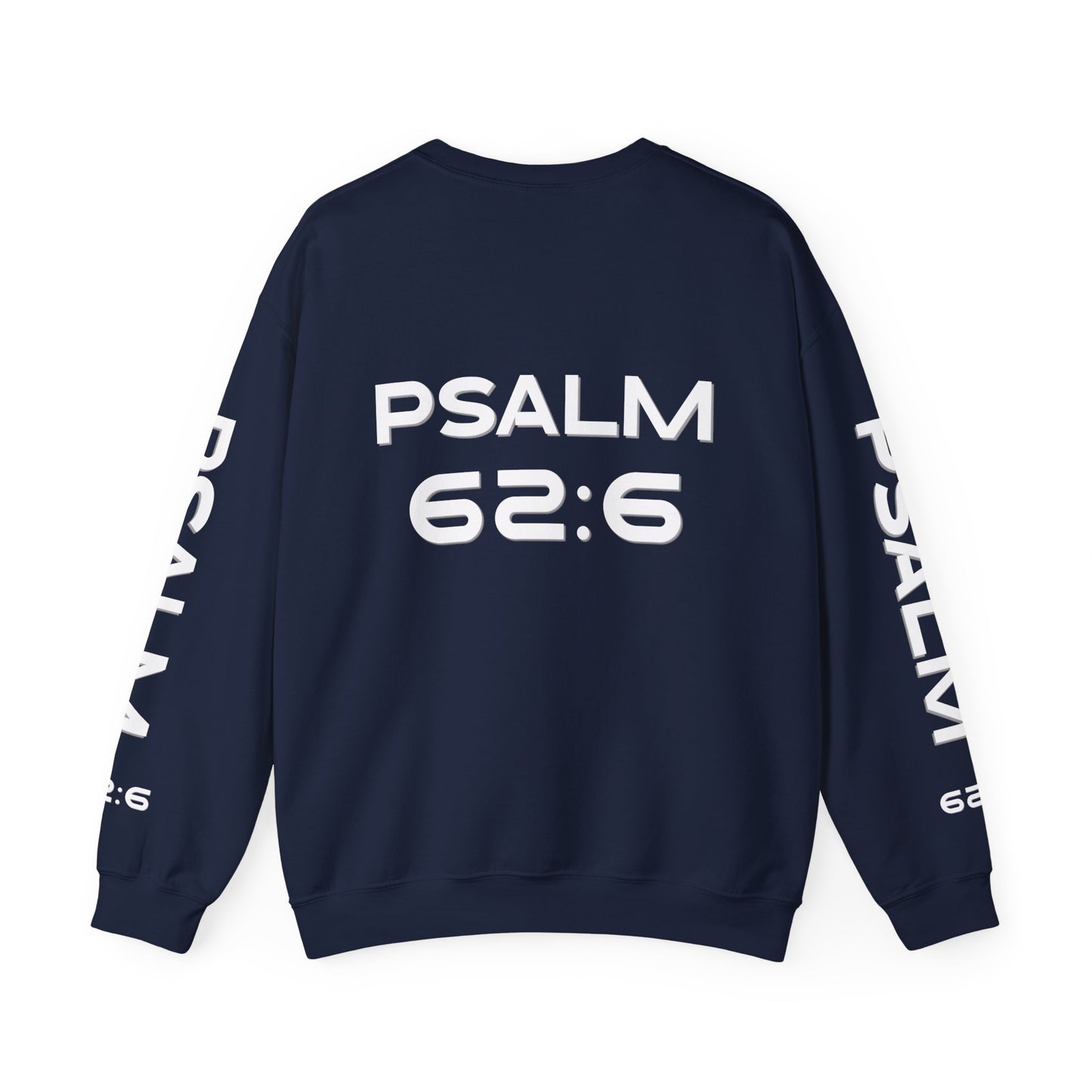Crewneck Sweatshirt — "NVR Shaken" Psalm 62:6 Christian Faith Pullover