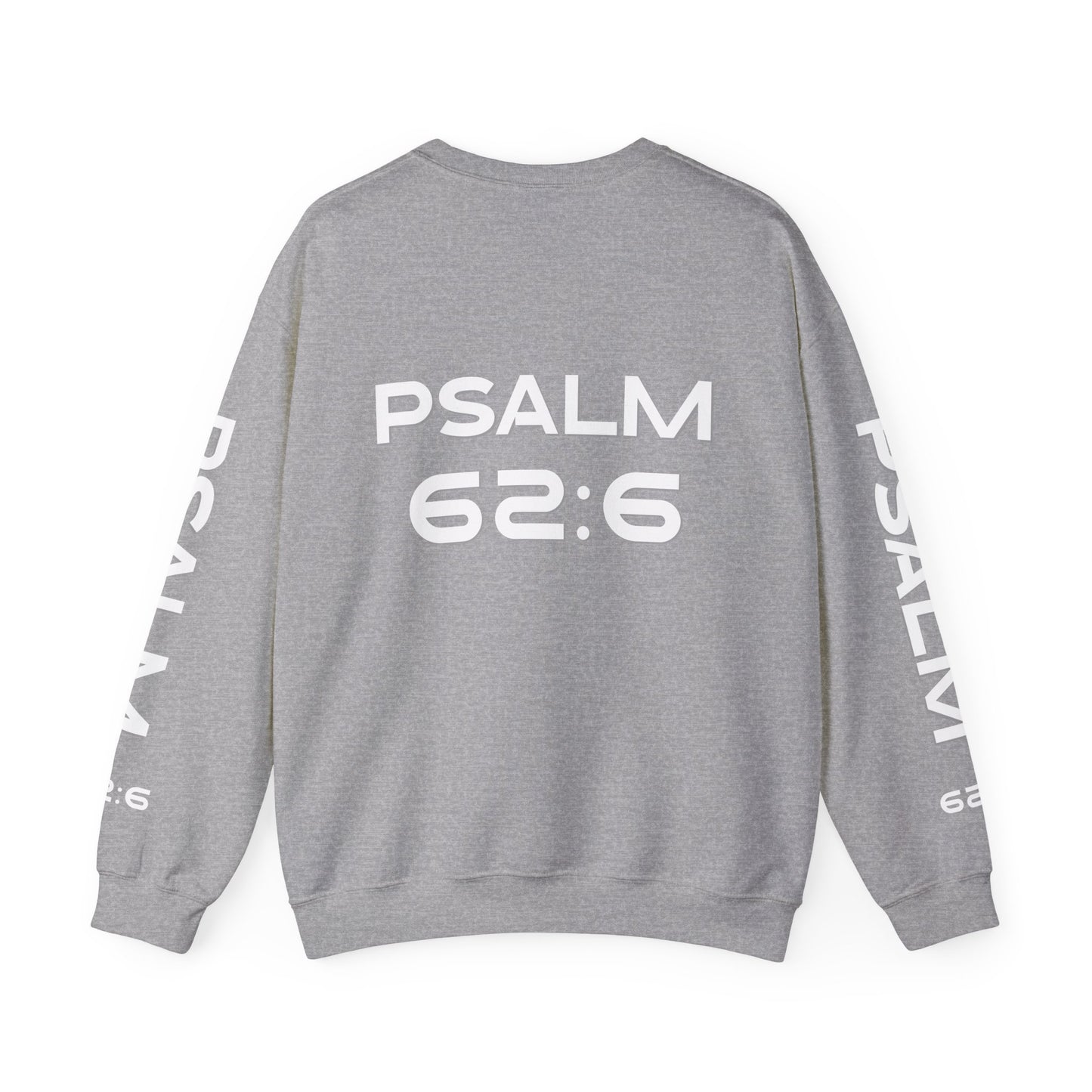 Crewneck Sweatshirt — "NVR Shaken" Psalm 62:6 Christian Faith Pullover