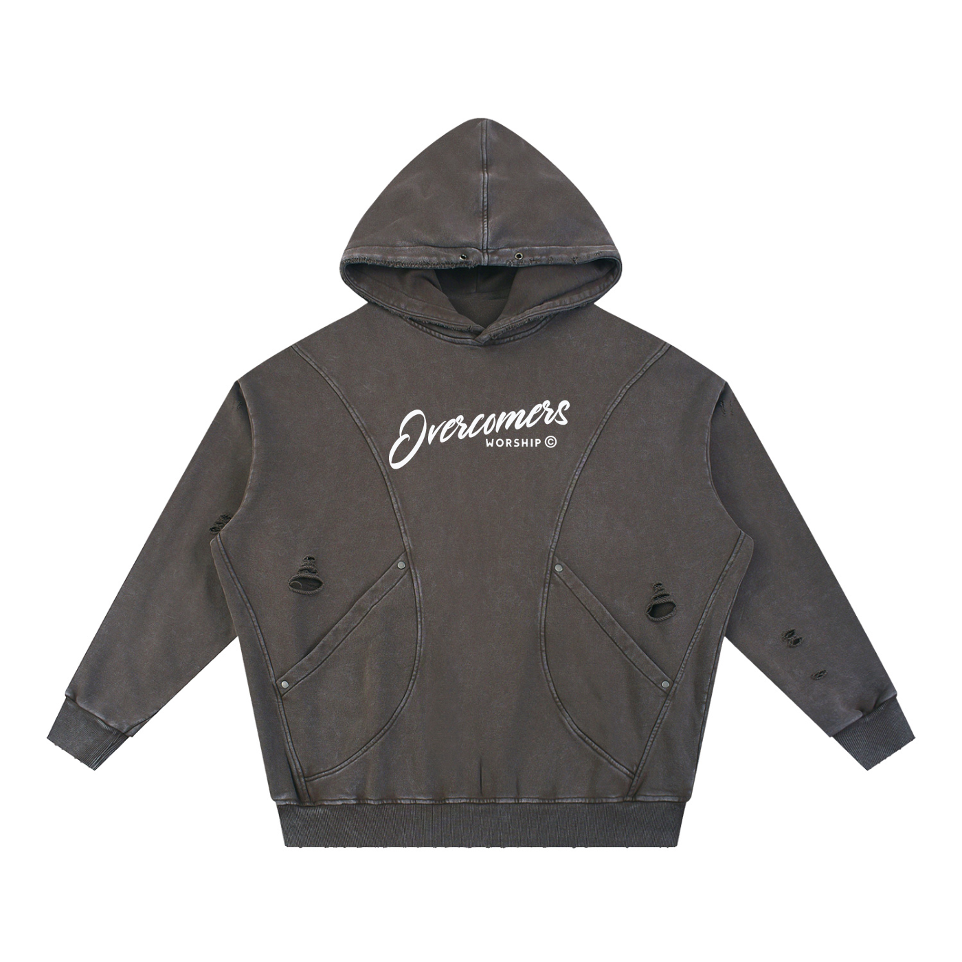 Overcomers Worship — Snow Washed Distressed Panel Hoodie