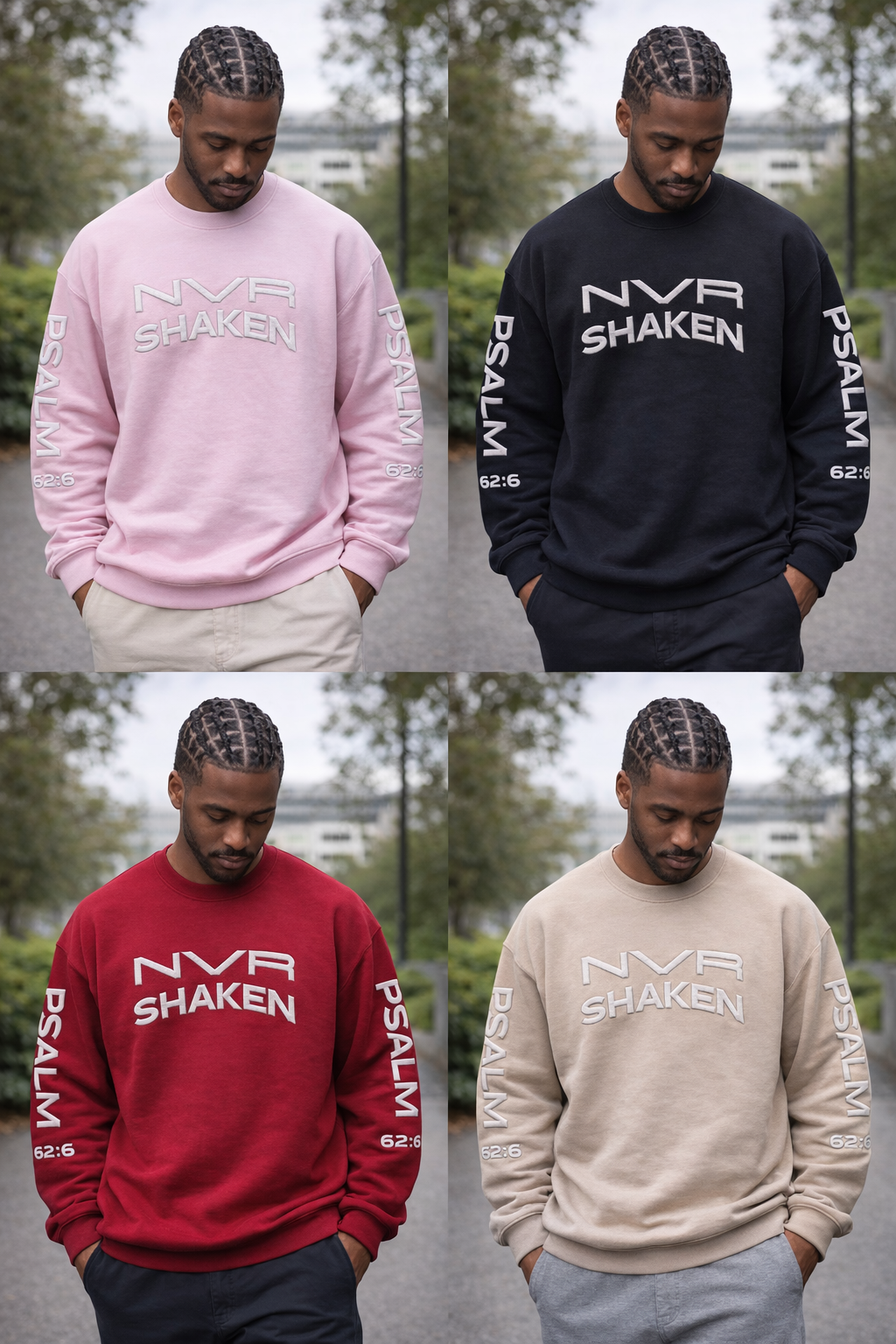 Crewneck Sweatshirt — "NVR Shaken" Psalm 62:6 Christian Faith Pullover