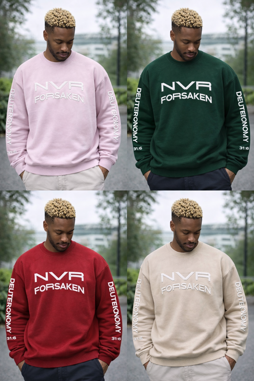 Crewneck Sweatshirt — NVR ForSaken | Deuteronomy 31:6 Faith Graphic