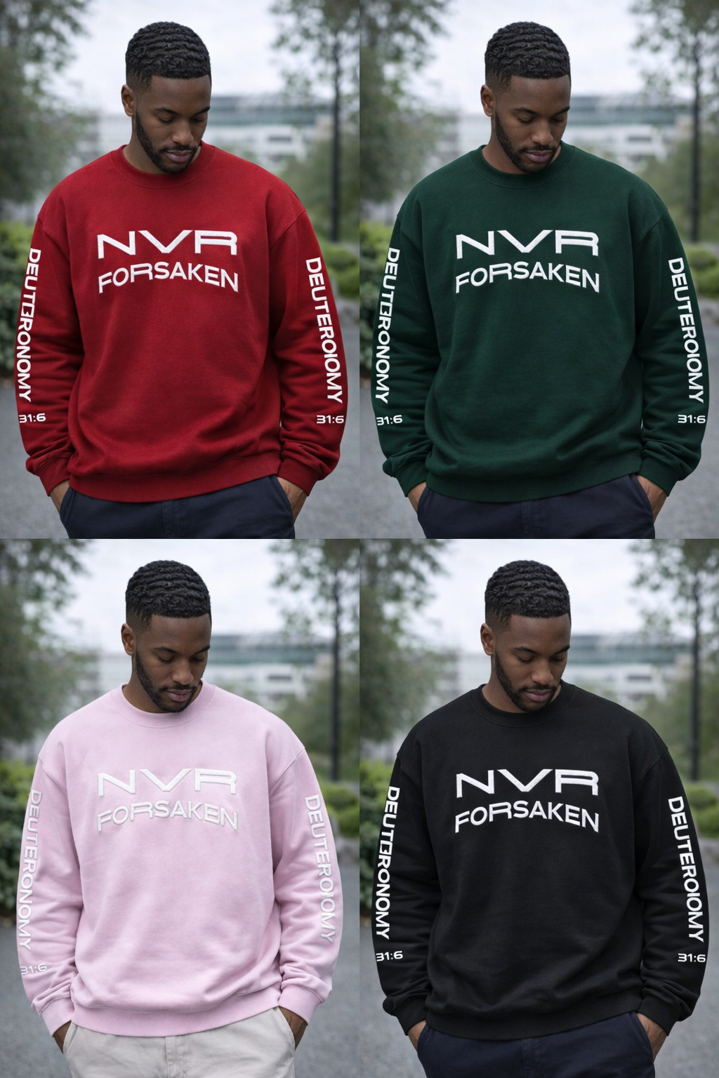 Crewneck Sweatshirt — NVR ForSaken | Deuteronomy 31:6 Faith Graphic