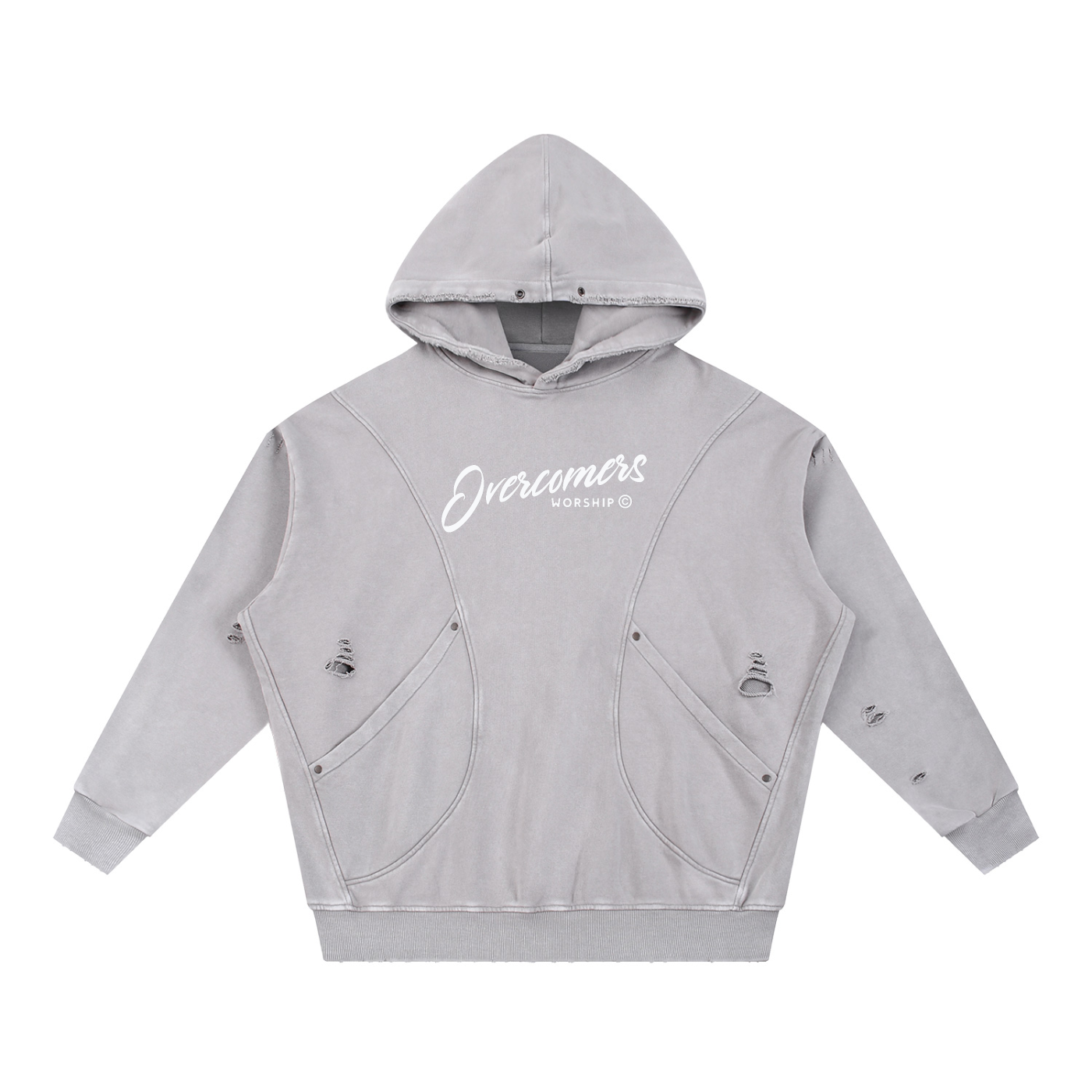 Overcomers Worship — Snow Washed Distressed Panel Hoodie