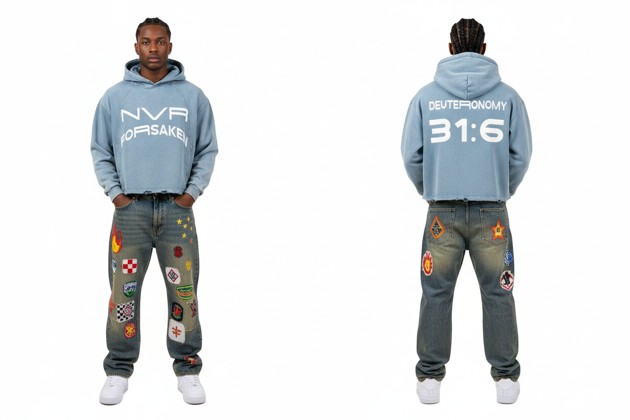 NVR FORSAKEN Distressed Hoodie Front and Back View