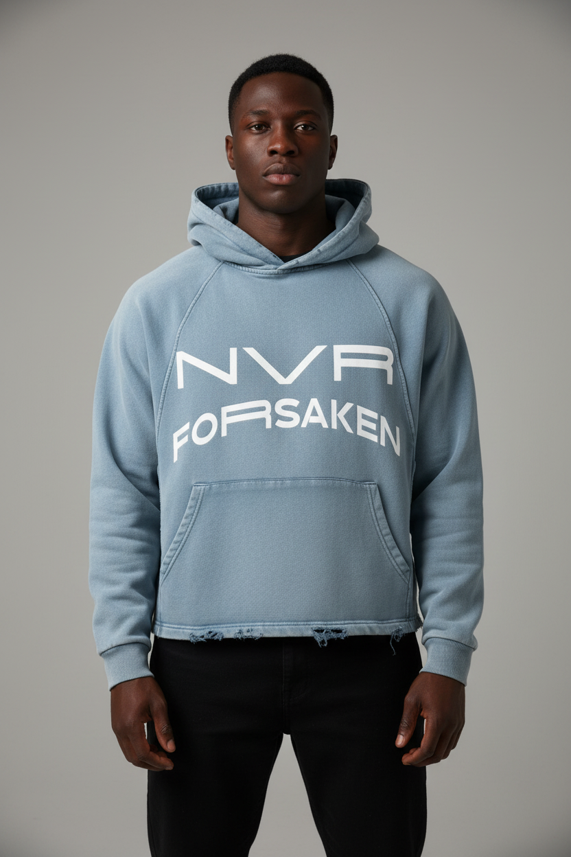 NVR FORSAKEN Hoodie Front View on Model