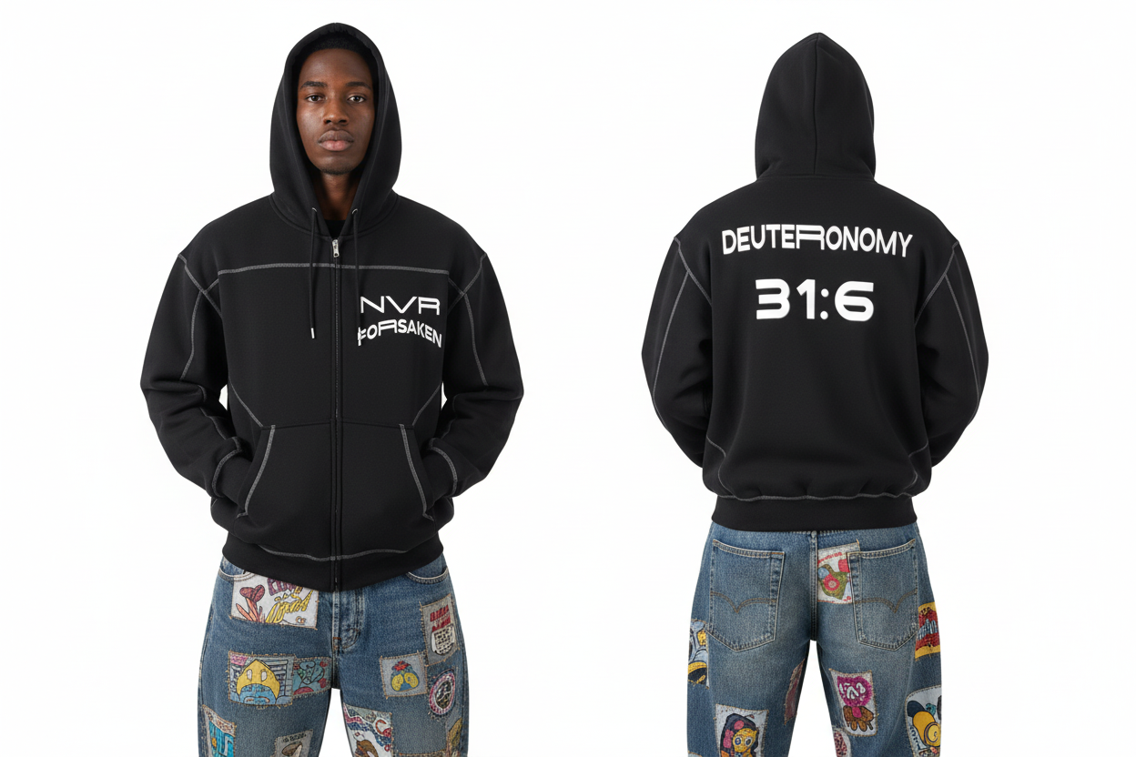 NVR FORSAKEN Zip Hoodie Front and Back View