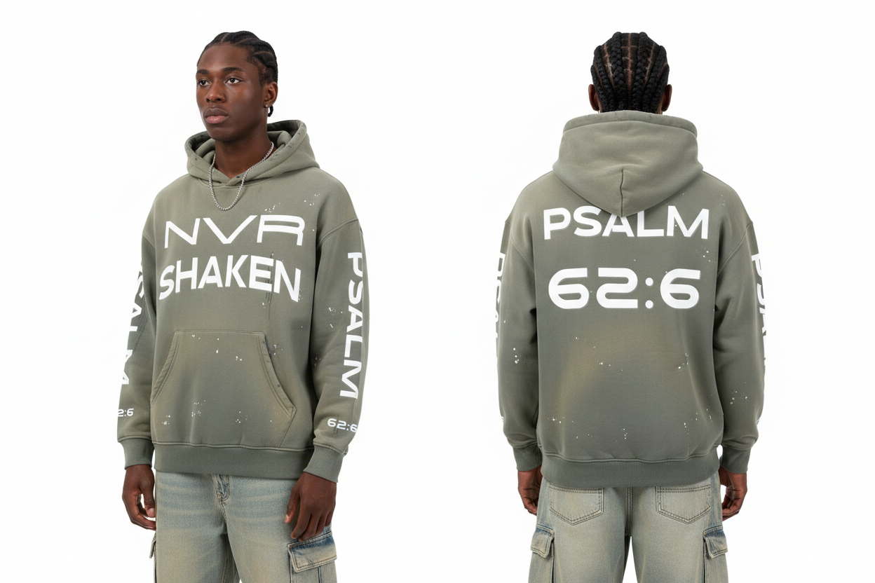 NVR SHAKEN Hoodie Front and Back View